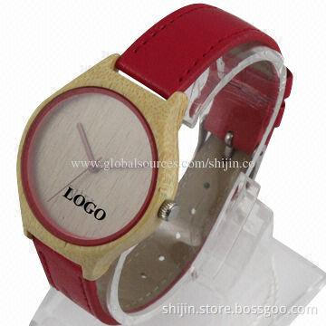 Promotion bamboo wooden watch, Japan quartz watch with genuine leather